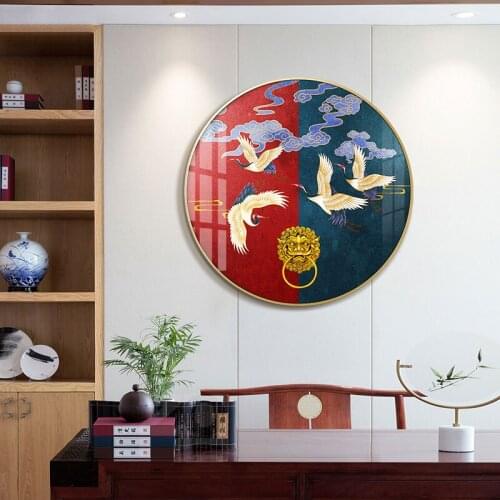 EECAMAIL DIY Round Diamond Painting Chinese Style Crane Full Diamond Embroidery Porch Living Room Dining Room Painting No Frame