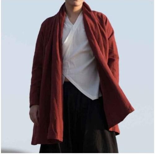 Chinese wind trench coat retro in the long paragraph linen loose large size Chinese Hanfu Buddha mens cotton jacket