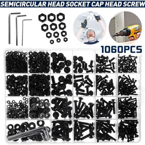 1060Pcs M2 M3 M4 M5 Hex Socket Screw Set Carbon Steel Flat Round Cap Head Screws Bolts and Nuts Assortment Kit w/Storage Box