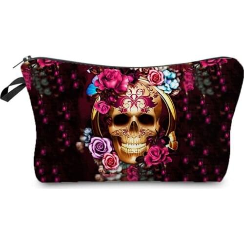 Halloween New Cosmetic Bags Skull Rose Printed Makeup Bag Cool Hot Sale Storage Bag Lady Fashion High Quality Small Toiletry Bag