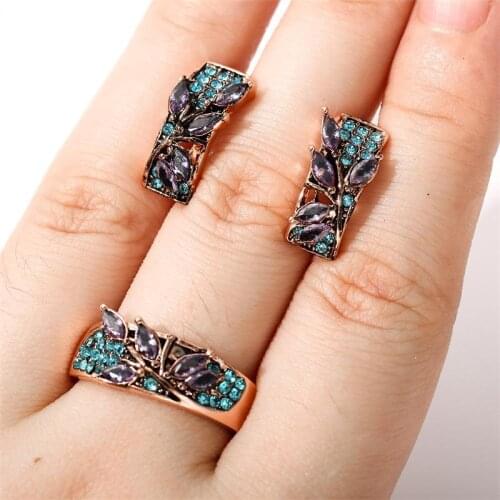 2020 New Trendy Peace Branches Ring/Stud Earring Jewelry Sets For Women Luxury Green Purple Zircon Female Valentine Party Gifts