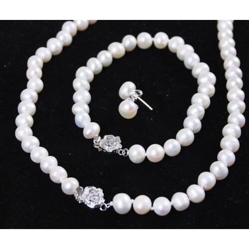 NEW 7-8mm White Freshwater Cultured Pearl Bracelet Necklace Earrings Jewelry Set>>> Free shipping