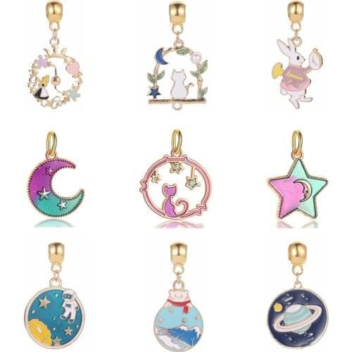 New Alloy Bead Space Gold Color Cat Rabbit Poker Pendant Enamel Charm Fit Original Pandora Bracelet Bangle DIY Women Jewelry