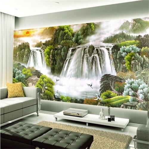 Personalized custom sofa TV background wall mural landscape wallpaper seamless cloth The red sun rises in sky. Shui 3D