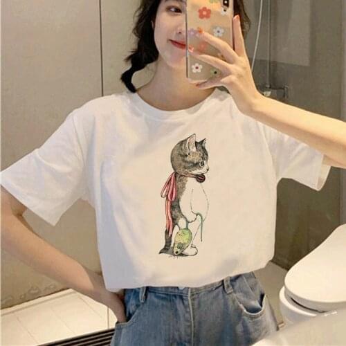 Graphic tees tops Cute cat Printing tshirts women funny t shirt white Tops casual short Camisetas Mujer_T-Shirt
