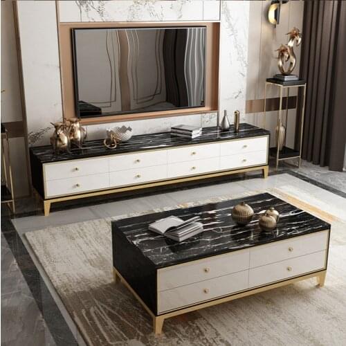 Light luxury TV cabinet coffee table combination of modern living room tempered glass storage cabinet retractable marble