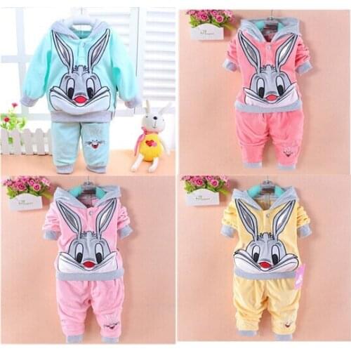 Retail 1 Set Baby Girls Cloting Set Cartoon Cute Rabbit Velvet Twinset Kids Children Autumn Long Sleeve Suits Hoodie+Pant