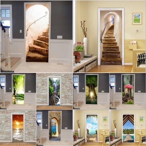 Self Adhesive 3D Wallpaper Retro Stairs Art Stickers for The Door Natural Scenery Door Posters Room Home Decor Renovation