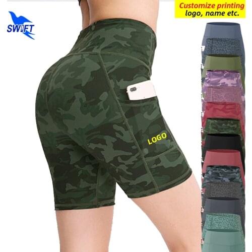 Customized LOGO Gym Jogging Running Shorts Women High Waist Push Up Yoga Tights with Pocket Fitness Yoga Short Pant Sportswear