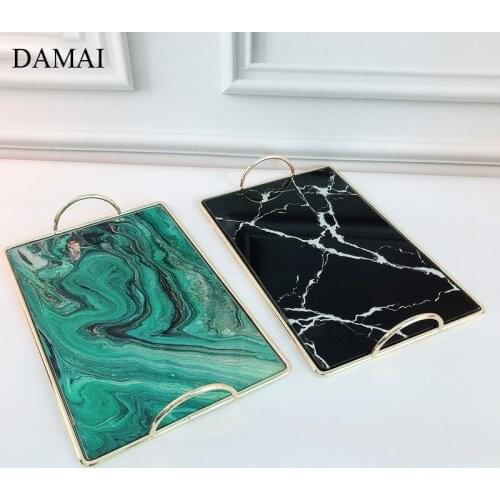 Agate Texture Glass Mirror Trays Decorative European Marble Textures Metal Jewelry Storage Tray Cosmetics Organizer Home Decor