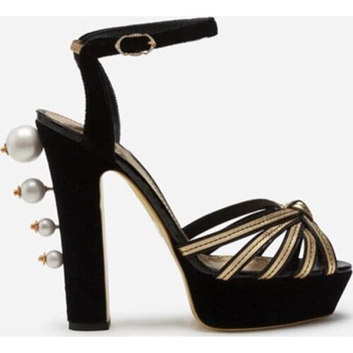 Sexy lady Casual fashion designer Pumps women shoes black suede real leather strappy studded pearls platform high heels sandals