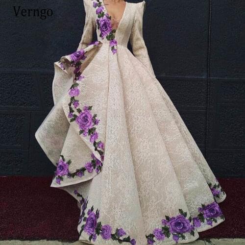 Verngo Dubai Arabic Ivory Lace Evening Dresses Long Sleeves V Neck Hi Lo Formal Dress With 3D Floral Applique Vintage Prom Gowns