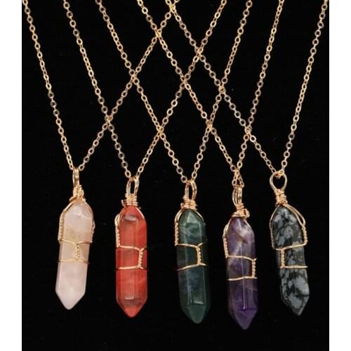 Jewelry Making Natural Stone Pendant Hexagonal Column Crystal Winding DIY Necklace Sweater Chain Jewelry Accessories 1pcs