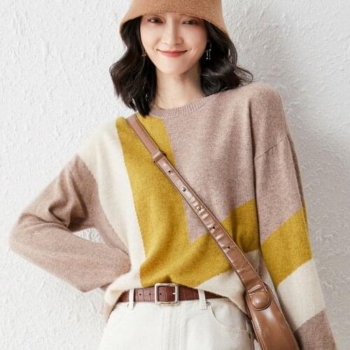 Woman winter 100% Cashmere sweaters knitted Pullovers jumper Warm Female O-Neck blouse long sleeve Patchwork