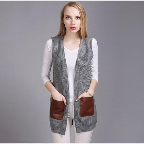2019 New Product Korean Temperament PU Skin Pocket Split Joint Sleeveless Knitting Vest Solid Color Long Fund Cardigan Coat