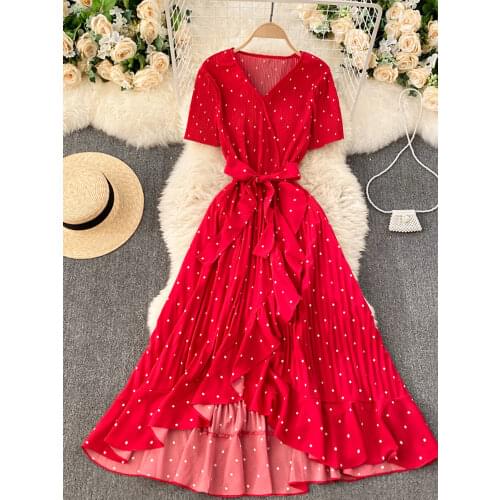 Black/White/Red Polka Dot Irregular Pleated Long Dress Women Vintage V-Neck Short Sleeve Ruffle Vestidos Spring Summer 2021 New