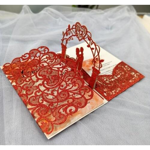 10x 3D Red Blue Glitter Invite Pocket Wedding Invitation Cards Bride & Groom Tri Fold Card Laser Cut Greeting Invitations Cover