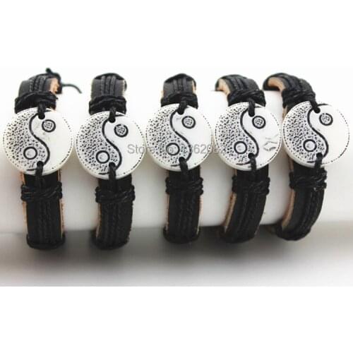 12pcs/LOT Imitation Yak Bone Carved Tai Chi Yin & Yang Leather Bracelets Bangle Lucky Gift MB119