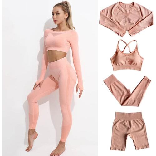 TRY TO BN 4 Pcs Womens Tracksuit Yoga Set Sports Gym Clothing Long Sleeve Crop Top High Waist Leggings Workout Sportswear Suits