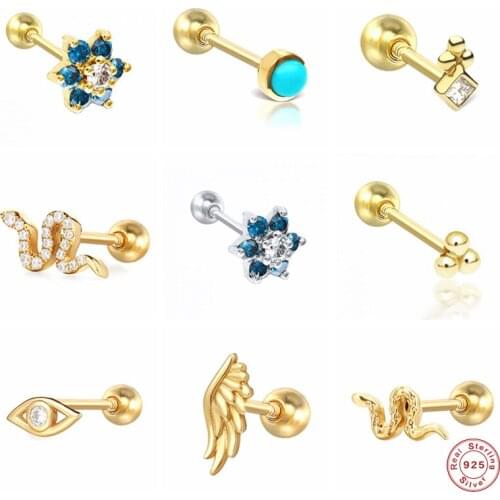 Aide 925 Sterling Silver White CZ Stone Flower Snake Stud Earrings For Women Zircon Eye Shaped Angel Wing Cartilage Ear Studs