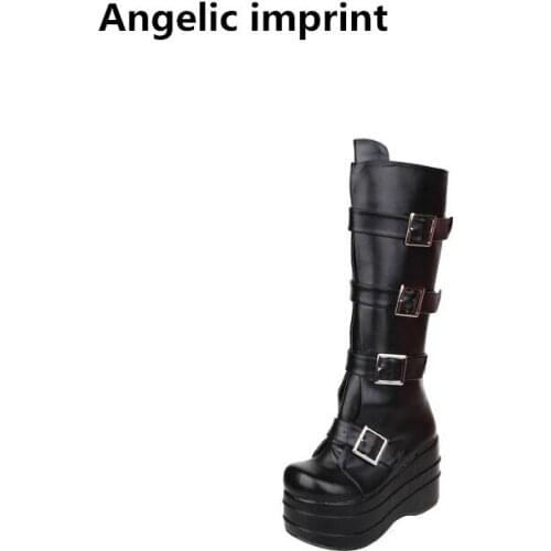 Angelic imprint mori girl Women punk motorcycle boots lady lolita Boots woman high trifle heel wedges pumps princess shoes 33-47