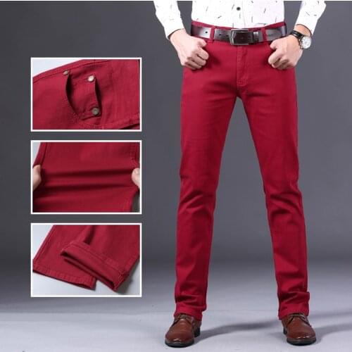 High Quality Mens Straight-fit Casual Pants Spring New Business Straight Stretch Red Khaki Black Trousers Male Size 42