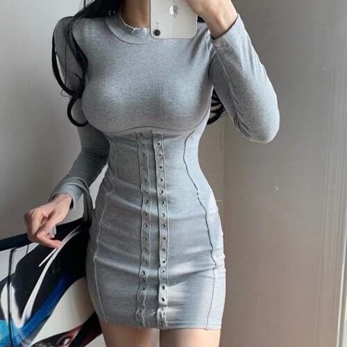 Spring New Round Neck Long Sleeve Slim Fit Hip Mini Dress Solid Color Ribbed Cotton Design 90s Dress High Waist Slim