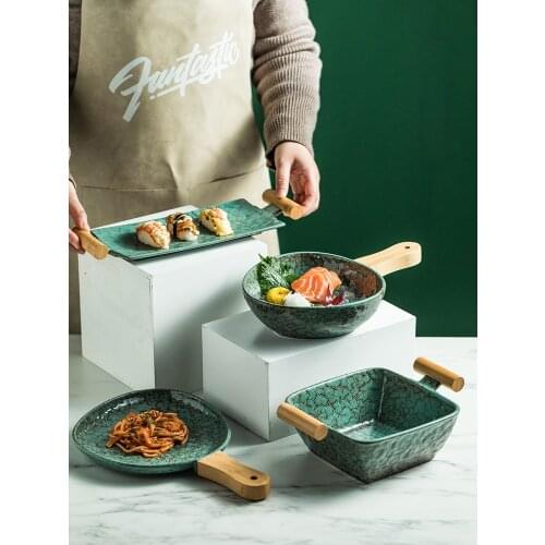 Ceramic Kiln Change Sushi Plate Deep Square Bowl Shallow Dish With Wooden Handle Upscale Restaurant Serving Plate Dinner Plate