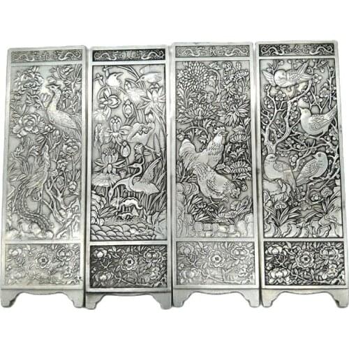 Chinese old Tibetan silver relief Spring, summer, autumn and winter flowers and birds pattern screen Feng Shui decoration