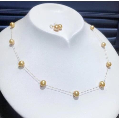 D405 Pearl Set Fine Jewelry Solid 18k Gold Natural Round Natural Fresh Water 7-8mm Jewelry Sets for Women Presents