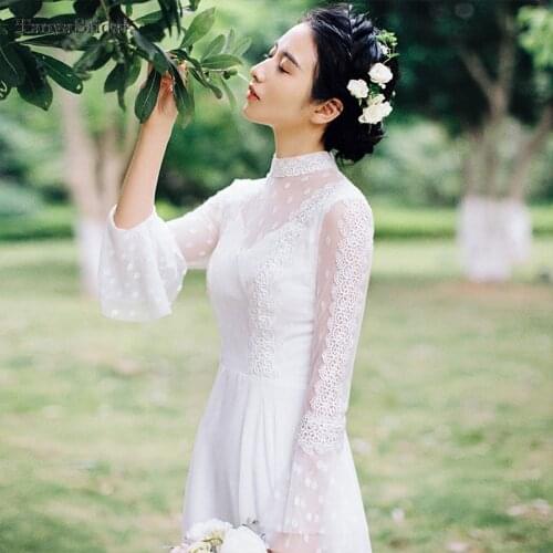 High Neck Lace Mid-Calf Wedding Dresses CountrySide Outdoor Bridal Gowns Bohe Korea fashion noivas DW111