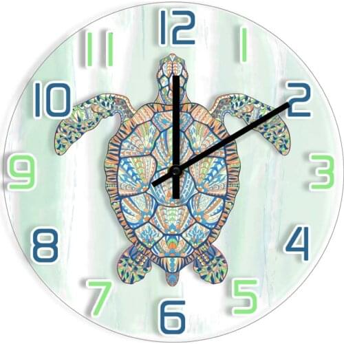 Sea Turtle Watercolor Painting Print Minimalist Wall Clock Patterned Turtle Symbol Of Longevity Tattoo Design Silent Wall Watch