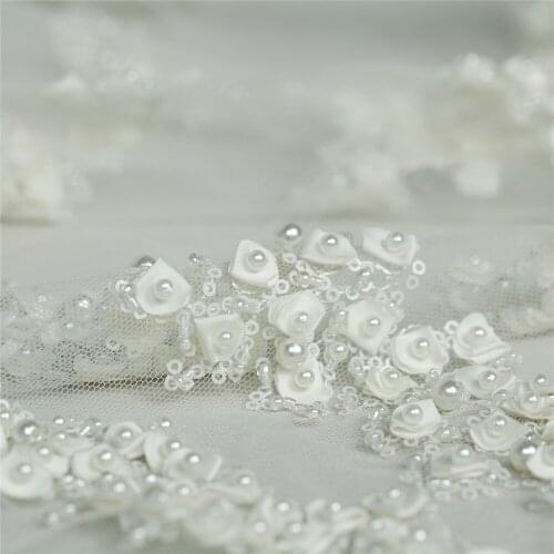 Couture fashion 3D beaded sequins floral heavy mesh fabric, white color, sewing for dress, skirt, wedding, craft by the yard