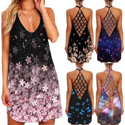 2021 European American Summer New Print Beach Style Party A-line Skirt Open Back Sexy Hollow Neck Slim Dress Womens Dresses