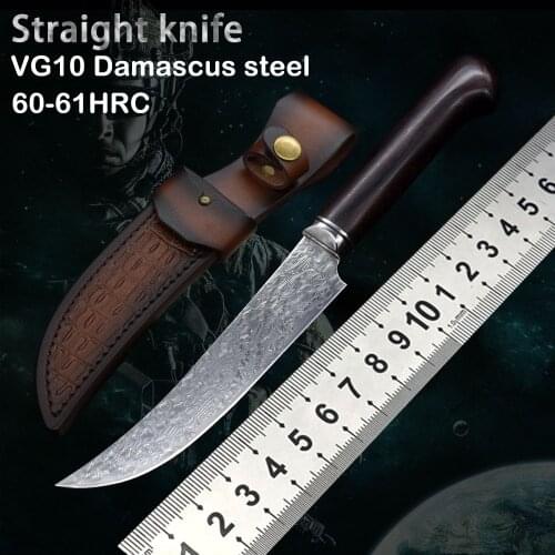 Straight knife VG10 Damascus steel outdoor wilderness survival combat knife portable knife EDC fruit knife meat cutter holster