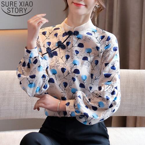 Print Shirt Long Sleeve Vintage Blouse Women Blouse Stand Collar Ladies Tops Pullover Women Floral Silk Shirt Blusas 11133