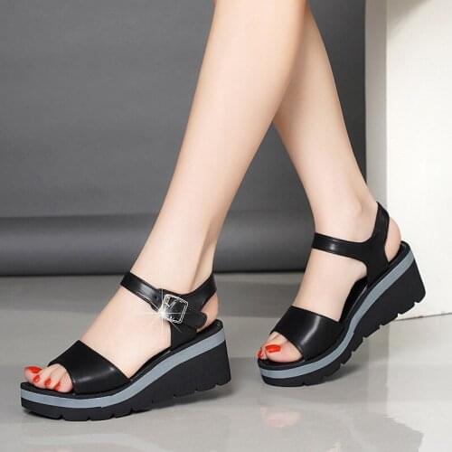 New Summer Shoes Women Wedges Heels Sandals Young Ladies Casual Sandals Open toe Black White Shoes Wedge Heel 6cm YX2483