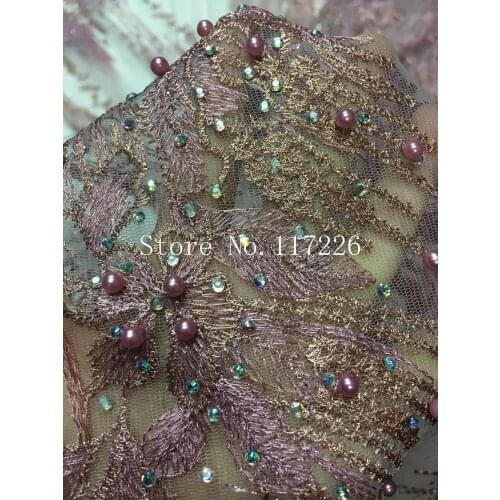 Stock JRB-0013 beaded embroidery tulle mesh lace fabric with beads and stones for wedding fast shipping 5 yards