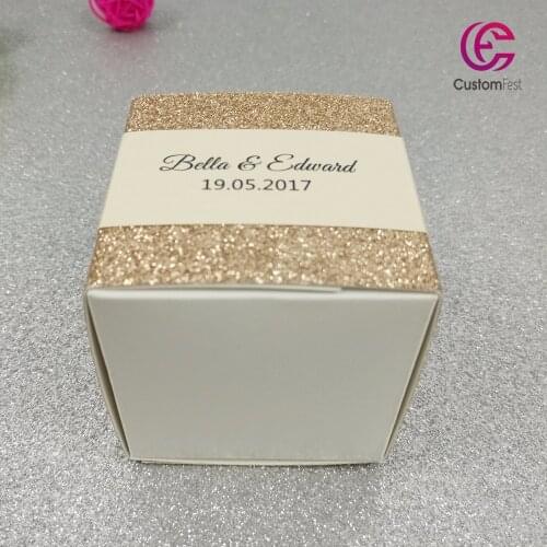 Whole web unique 40pcs/lot Personalized champagne color thick glitter favor box candy box custom favor box FB000