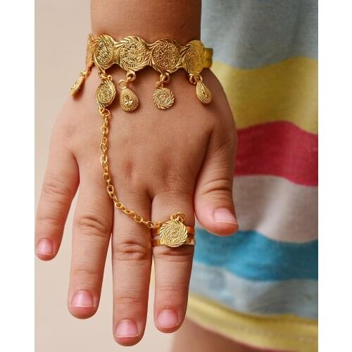 WANDO Baby Coin Bracelet With Free Size Ring Gold Color Arab Coin Bangle for Kids Children Jewelry Middle Eastern Gifts