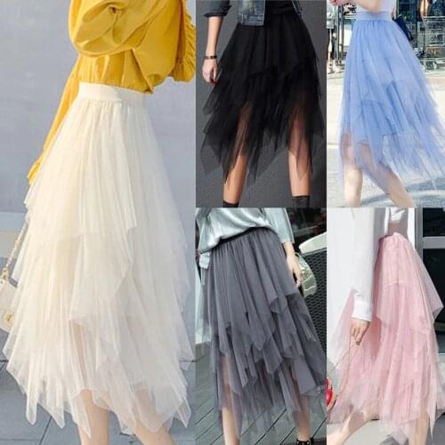 2020 Women Skirt Brand New Tulle Skirt Elastic High Waist Underskirt Ballet Irregular Pleated Maxi Sheer Tutu Clothing