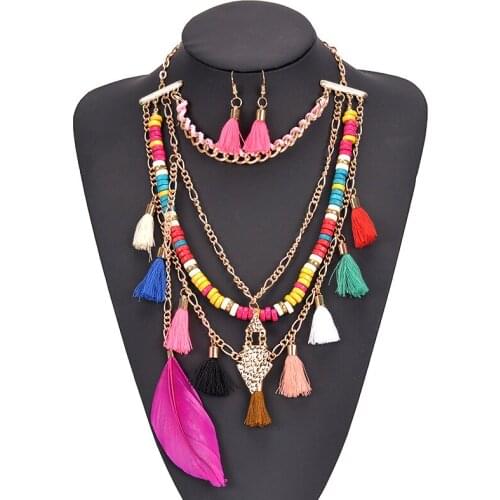Jewelry Sets Multi Layer Golden Alloy Chain Bohemia Handmade Seed Beads Cotton Tassel Feather Pendants Choker Necklace Earrings