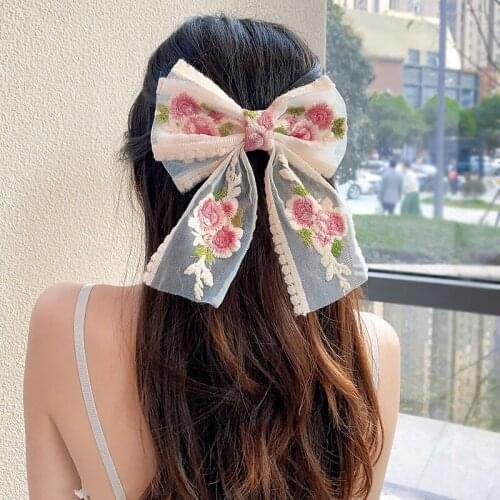 New Rose Embroidery Big Bow Hairpin for Women Girls Super Fairy Lace Hairclip Hairgrips Top Clip Hair Accessories