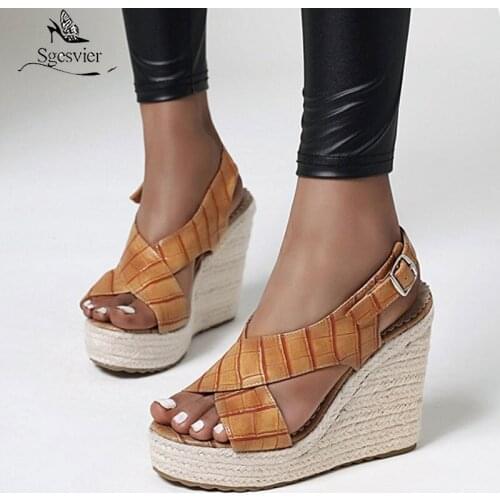 Sgesvier Big size 34-43 women sandals sexy wedges platform buckle ladies shoes solid color summer dress shoes black brown