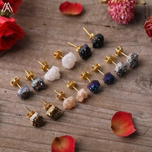 Rainbow Natural Druzy Drusy Geode Agates Irregualr Chip Beads Stud Earrings Women Agates Stone Earstuds Jewelry Dropshipping