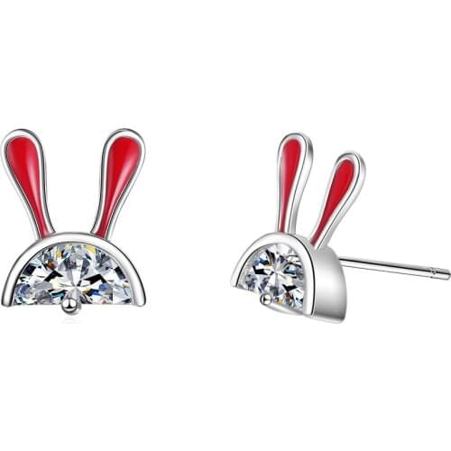Cute Small Luxury Bling Red Bunny Rabbit Zircon 925 Sterling Silver Stud Earrings For Women Korean Fashion Cartoon Jewelry Gifts