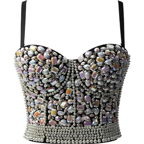 Womens Colorful Rhinestone Push Up Bra Bustier Imitation Pearl Beaded Underwire Camisole Sexy Punk Party Clubwear Corset