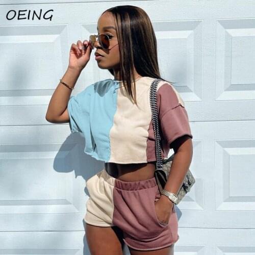 2021 Summer Casual 2 Piece Set Women Crop Top and Shorts Sweat Jogging Suit Fashion Patchwork Sportwear Tracksuit