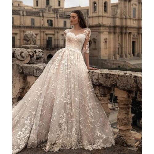 Elegant Lace A Line Wedding Dress 2021 Half Sleeve Beading Appliques Bridal Mariage Bride Gowns Real Photo Vestido De Noiva
