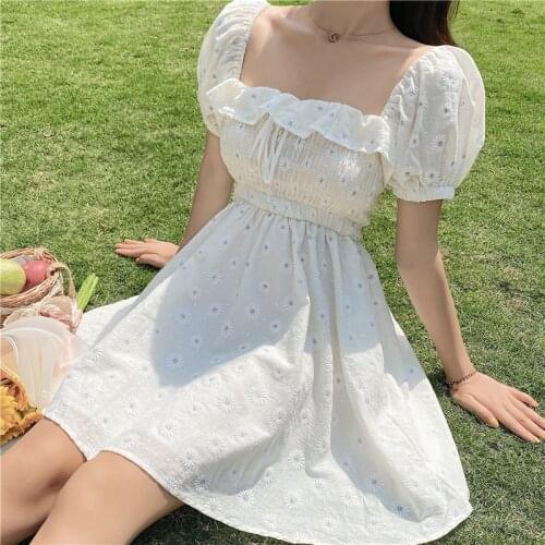2021 Japanese Summer Women Lolita Mini Dress Square Collar Ruffles Elastic-Waisted Daisies Dress Puff Sleeve Cute Kawaii Dresses